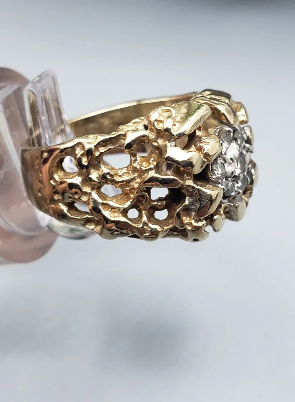 10k Gold Mens Nugget Ring w/ 7 Diamonds Cluster Vintage Neo Classic Luxury 6